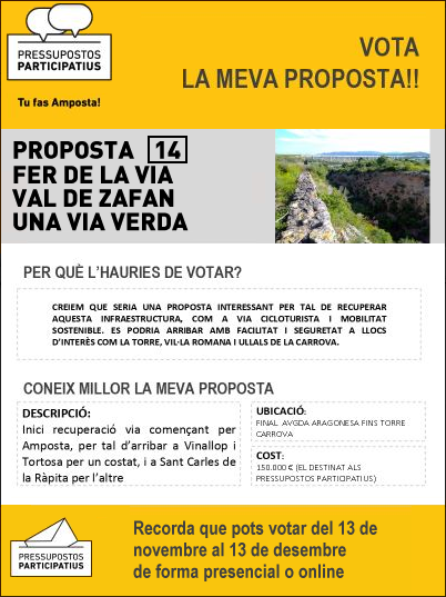 Proposta 14 als pressupostos participatius Amposta: fer la via de Val de Zafan una via verda
